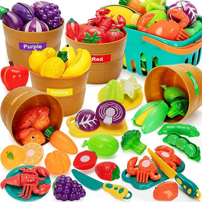 Play Food Set for Kids Kitchen- 68 Pcs Kitchen Food Toy for Toddlers, Cutting & Color Sorting Fake Food/ Fruit/ Vegetable Accessories, Birthday Gifts for 2 3 4 5 Years Old Boys Girls
