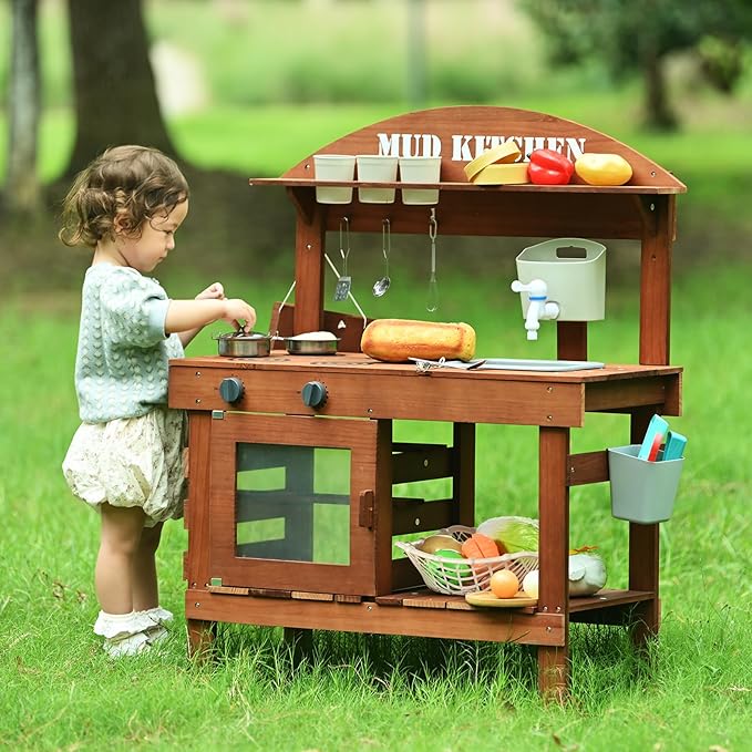 Mud Kitchen for Kids Outdoor, Kids Play Kitchen with Accessories Wooden Play Kitchen Set with Sink, Faucet, Plants Observation Room, Toddler Outdoor Mud Kitchen for Backyard Garden