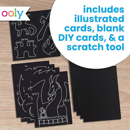 Ooly Scratch & Scribble 10pc Art Kit with 8 Total Scratch Cards (4 Illustrated, 2 Blank, 2 Rainbow) with Scratching Tool and Sparkled Stickers, Art Set Gifts for Kids - Dragons