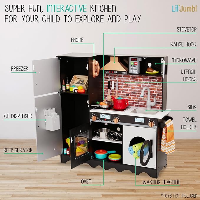 Lil' Jumbl Jumbl Kids Kitchen Set, Pretend Wooden Play Kitchen, Battery Operated Icemaker, Microwave, Range Hood, Stove Top, Oven, with Realistic Sound & Lights, Pots, Pan, & Utensils Included