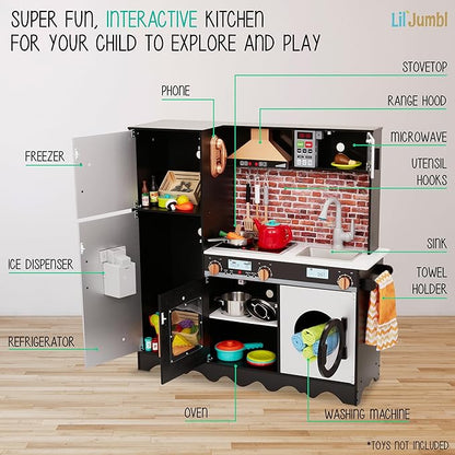 Lil' Jumbl Jumbl Kids Kitchen Set, Pretend Wooden Play Kitchen, Battery Operated Icemaker, Microwave, Range Hood, Stove Top, Oven, with Realistic Sound & Lights, Pots, Pan, & Utensils Included