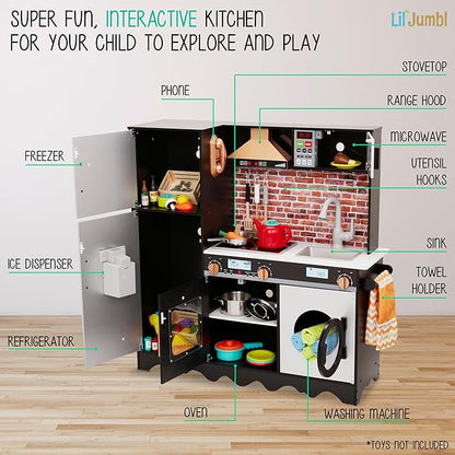 Lil' Jumbl Jumbl Kids Kitchen Set, Pretend Wooden Play Kitchen, Battery Operated Icemaker, Microwave, Range Hood, Stove Top, Oven, with Realistic Sound & Lights, Pots, Pan, & Utensils Included