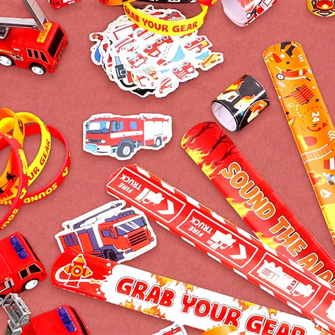 Lorfancy 98 Pcs Firefighter Party Favors Supplies Kids Firefighter Slap Bracelets Rubber Silicone Wristbands Fire Truck Stickers Toddler Fireman Party Supplies Goodie Bag Fillers Gifts for 3 4 5 6 7 8
