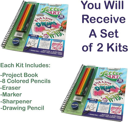 Art Supplies for Kids, Set of 2 Learn to Draw; Letter Art, for Boys & Girls, Teens & Adults, Kit Includes Project Book, Color Pencil Set, Eraser, Sharpener, Drawing Pencil, Marker