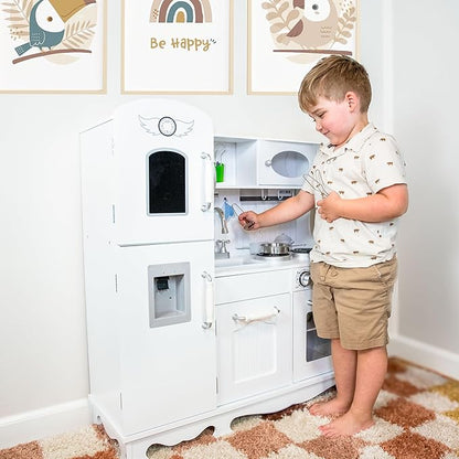 Sunnydaze Chef Sounds Interactive Play Kitchen for Kids - Wooden Kitchen Playset with Lights, Sounds, and Accessories - White