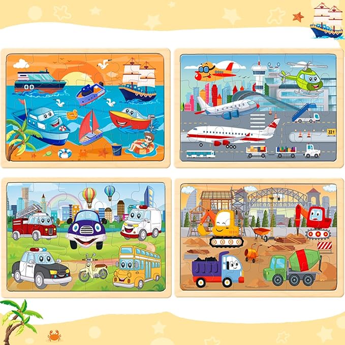 Puzzles for Kids Ages 4-6,24 Pieces Wooden Puzzles for Toddlers Ages 3-5 4-8 3 4 5 6 3-4 Year Olds.4 Pack Car Puzzle Set Children Jigsaw Puzzles for Boys and Girls Educational Learning Toys