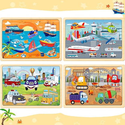 Puzzles for Kids Ages 4-6,24 Pieces Wooden Puzzles for Toddlers Ages 3-5 4-8 3 4 5 6 3-4 Year Olds.4 Pack Car Puzzle Set Children Jigsaw Puzzles for Boys and Girls Educational Learning Toys