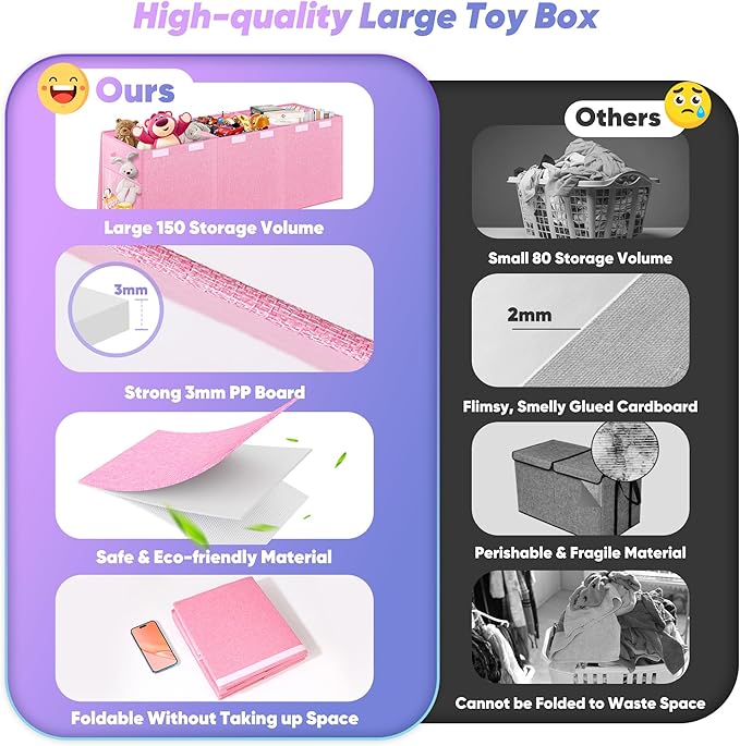 Mabahoo Extra Large Toy Box, Toybox for Kids Boys Girls, Collapsible Sturdy Toy Storage Organizer with Mesh Pockets, 40"x14"x16" Kids Storage Boxes Bins Baskets for Nursery, Playroom, Pink