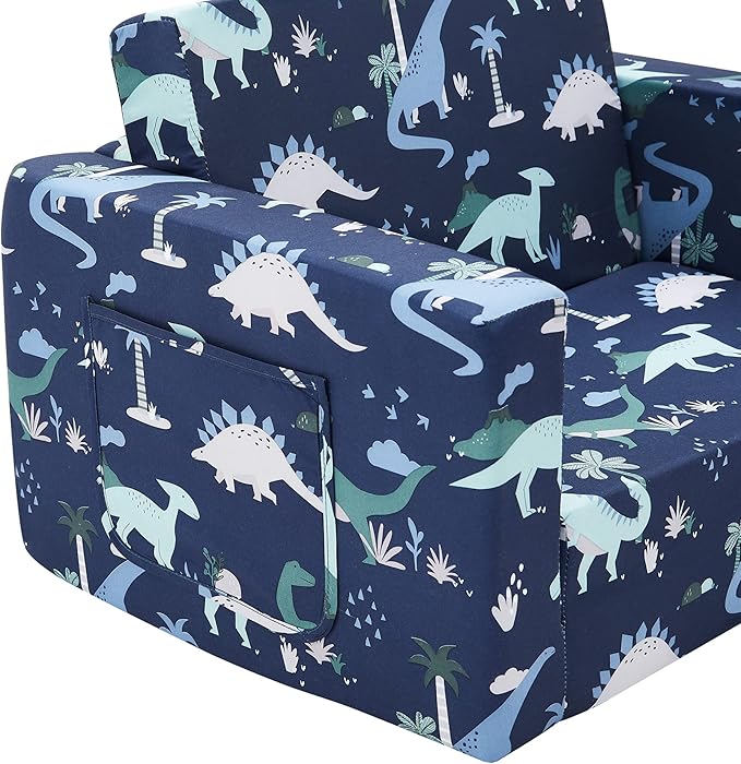 Ulax furniture Children Sofa Chair for Reading, Kids FILP-Out Polyurethane Chair, Lightweight, Convertible Sofa to Sleeper Couch (Navy Dinosaur)