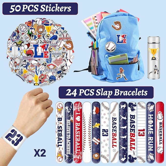 74PCS Baseball Party Favors 24PCS Baseball Slap 50PCS Baseball Stickers Bracelets Baseball Themed Party Favors Birthdays Party Decorations for Sport Game Player Kids Gifts