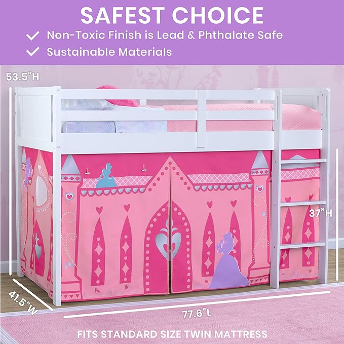 Delta Children Twin Loft Bed with Guardrail and Ladder + Tent (Bundle), White/Disney Princess