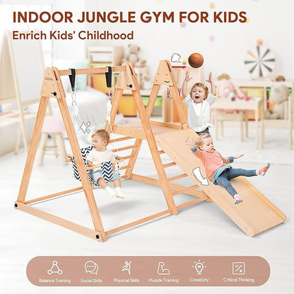 7 in 1 Indoor Jungle Gym for Kids, Foldable Toddler Indoor Playground with Slide, Beechwood & Baby Swing, Climbing Wall & Ladder, Wooden Climbing Toys Playset Gifts for Kids (Wood Color)