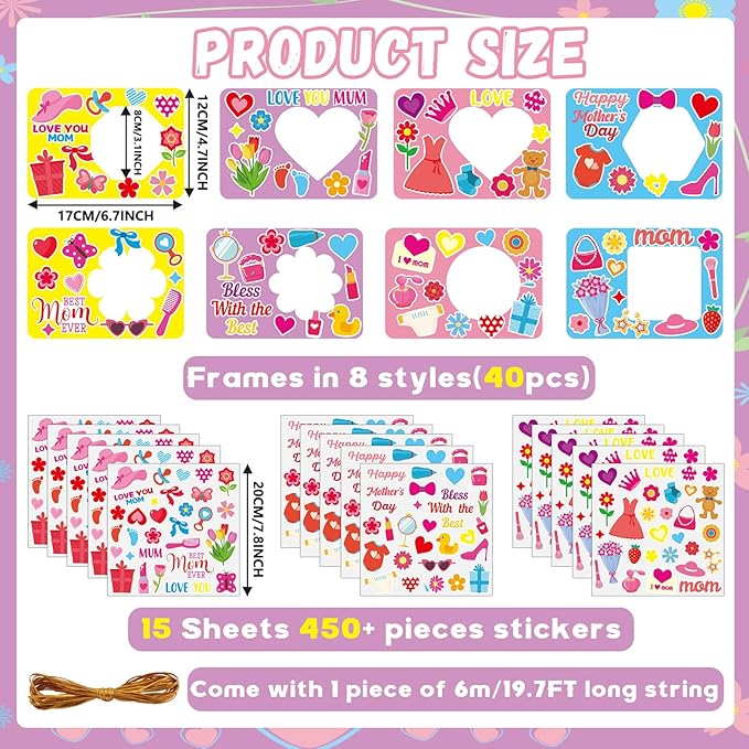 Qyeahkj 40 Sets Mother's Day Picture Frame Craft Kit for Kids DIY Best Mom Ever Photo Frame Craft Set with Easel Mother's Day Flower Paper Craft Arts with Stickers for Mama Home Class Party Activity