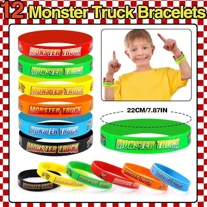 110 PCS Monster Truck Party Favors Birthday Supplies with Drinking Straws, Silicone Bracelets, Bubble Wands, Keychains, and Monster Truck Pinata for Boys Goodie Bag Stuffers