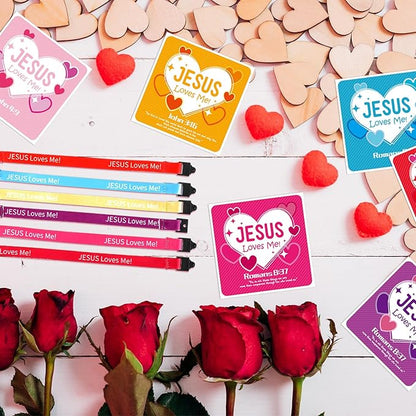 48 Sets Religious Valentine's Day Wristbands Jesus Loves Me Wristband Christian Valentine's Day Friendship Clasp Wristbands with Exchange Cards for Sunday Party Favor Prize