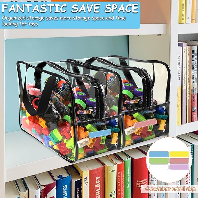 6 Packs Extra Large Toy Storage Bags 12.6×9.25×6.9In with Labels, Reusable Clear PVC Board Game Storage, Travel Waterproof Organizer Bags with Zipper for Building Blocks, Puzzle, Stuffed Animals
