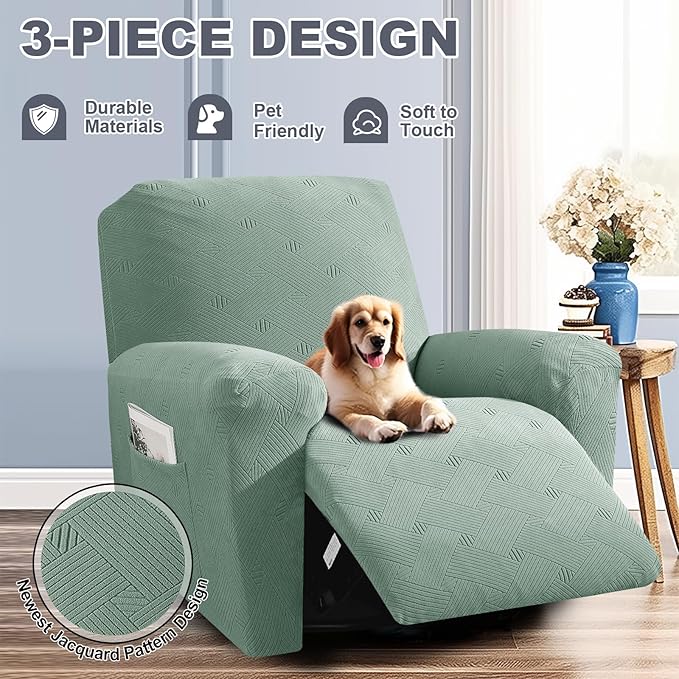JIVINER Recliner Chair Covers, Jacquard 3 Piece Slipcovers for Recliner Chair Soft Stretch Lazy Boy 1 Seater Reclining Protector with Pockets (Recliner, Pea Green)
