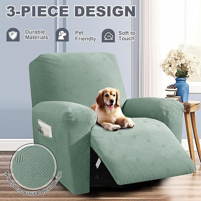 JIVINER Recliner Chair Covers, Jacquard 3 Piece Slipcovers for Recliner Chair Soft Stretch Lazy Boy 1 Seater Reclining Protector with Pockets (Recliner, Pea Green)