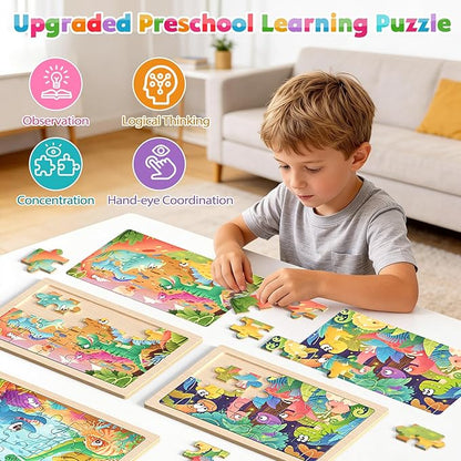 Zeoddler Wooden Puzzles for Kids 3-5, 4 Pack Dinosaur Jigsaw Puzzles for Toddlers, 20 Pieces Preschool Learning Activities, Learning & Educational Puzzles, Gift for Boys, Girls