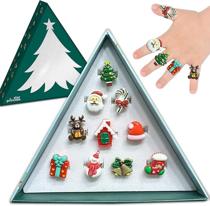 Christmas Stocking Stuffers Jewel Rings for Kids, Set of 10 Christmas-Themed Adjustable Holiday Dress-Up Rings for Girls in Christmas Tree Gift Box, Christmas Gift for Girls Age 3 4 5 6 7 8 and Up