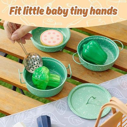 Kids Play Kitchen Toy Accessories Set Toddler Cooking Playset Colorful Stainless Steel Pots and Pans Birthday Gifts for 3+ Girls Boys (New Green)