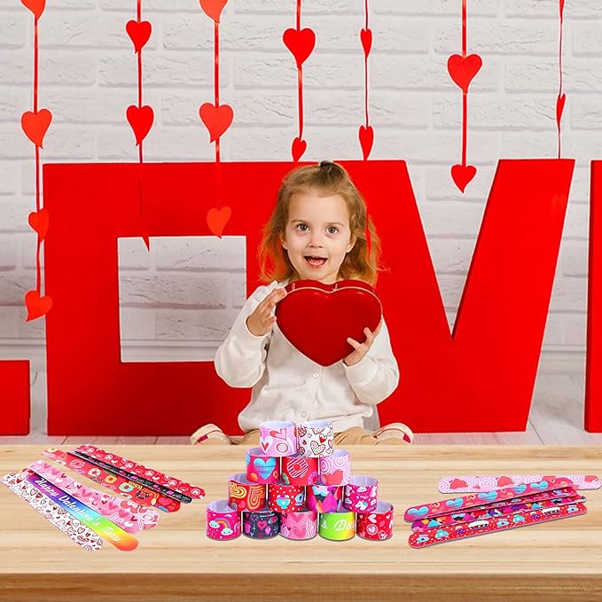 JUNEBRUSHS 56 PCS Valentines Slap Bracelets Valentine Day Party Favors Holiday Slap Wristbands Bulk Valentines Toys Prizes for Kids Girls Boys Birthday Party Supplies Classroom Prize