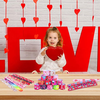 JUNEBRUSHS 56 PCS Valentines Slap Bracelets Valentine Day Party Favors Holiday Slap Wristbands Bulk Valentines Toys Prizes for Kids Girls Boys Birthday Party Supplies Classroom Prize
