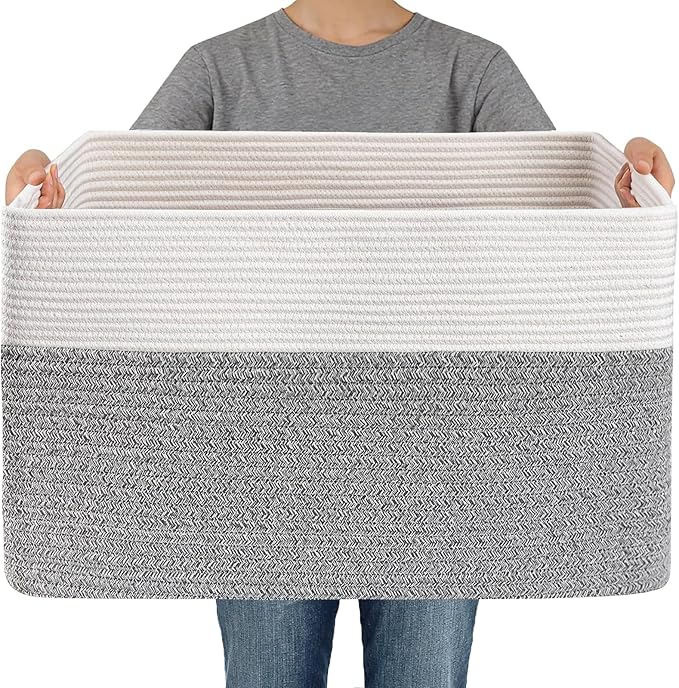 JMvicyroam Woven Blanket Basket,96L Large Storage Bin for Blankets Toys Clothes,Decorative Rope Basket for Living Room Bedroom with Handles, White&Grey