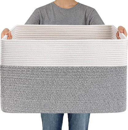 JMvicyroam Woven Blanket Basket,65L Large Storage Bin for Blankets Toys Clothes,Decorative Rope Basket for Living Room Bedroom with Handles, White&Grey