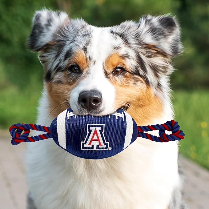 Pets First University of Arizona Football Dog Toy, Tough Quality Nylon Materials, Strong Pull Ropes, Inner Squeaker, Collegiate Team Color