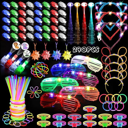 JOJUJB 290PCS Glow in the Dark Party Supplies for Kids Adults,Light Up Party Favors with Light Up Toy Glasses,100 Glow Sticks Bulk Party Pack DIY Glow Necklaces,Bracelets