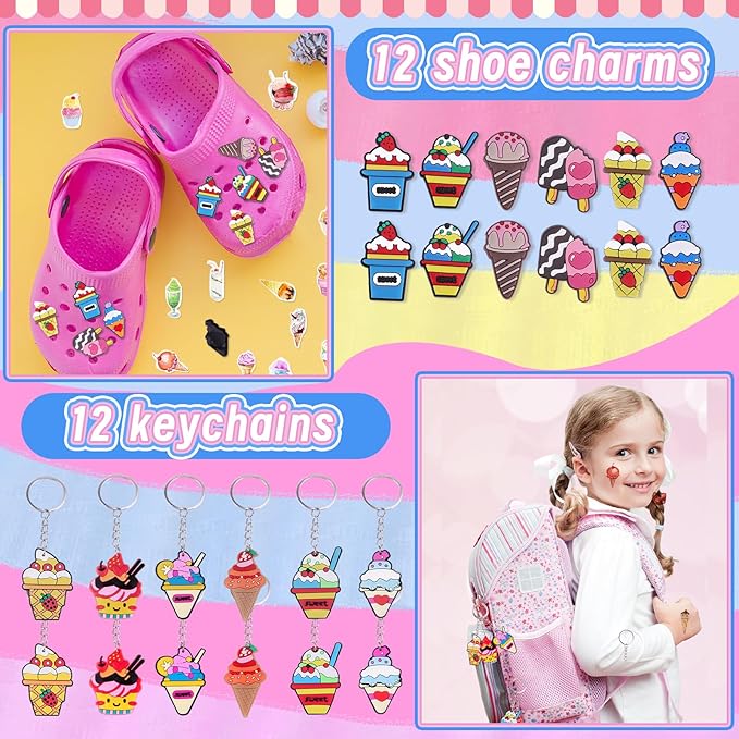 Bluegogo 148 Pcs Ice Cream Party Favors Include Mini Notebook Highlighter DIY Sticker Gift Bag Slap Bracelet Keychain Shoe Charms Hair Clip for Ice Cream Birthday Party Decoration