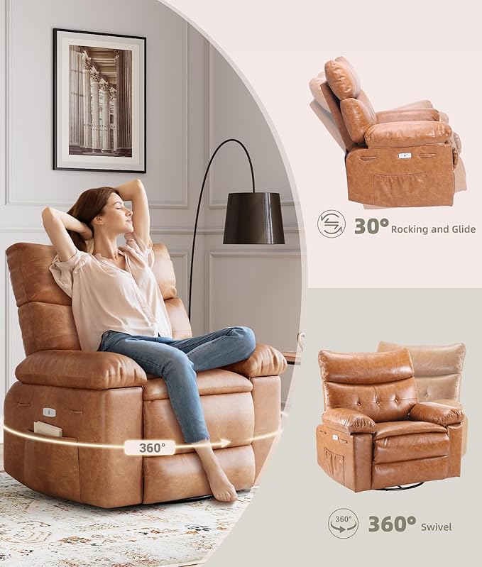 Electric Recliner Chair - 360° Rocker Swivel Recliner with Heat and Massage, PU Leather Large Power Recliner for Adults, Comfortable Lazy Chair with 1.5X Sponge Filling