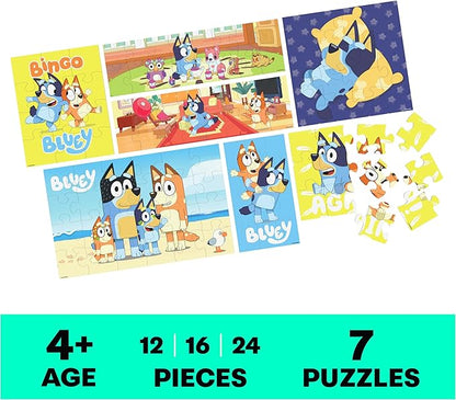 Bluey, 7 Wood Puzzles Jigsaw Bundle 12-Piece 16-Piece 24-Piece Easy Cartoon Disney Jr. Show with Storage Tray, for Kids Ages 4 and up