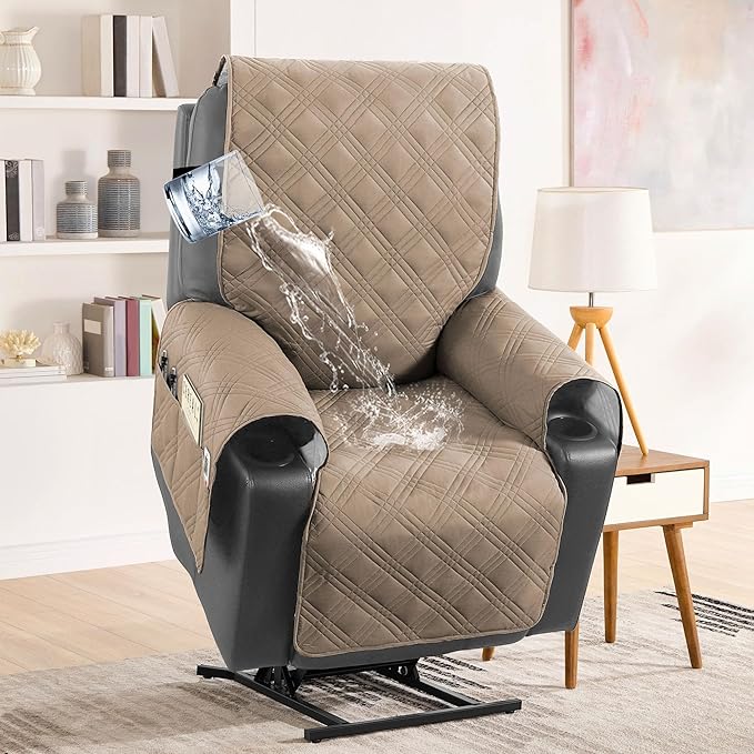 H.VERSAILTEX 100% Waterproof Recliner Cover Electric Power Lift Recliner Chair Covers with Elastic Band Recliner Cover Fitted Standard Large Power Lift Recliner with Storage Pockets,Taupe/Beige