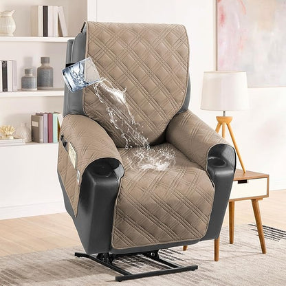 H.VERSAILTEX 100% Waterproof Recliner Cover Electric Power Lift Recliner Chair Covers with Elastic Band Recliner Cover Fitted Standard Large Power Lift Recliner with Storage Pockets,Taupe/Beige