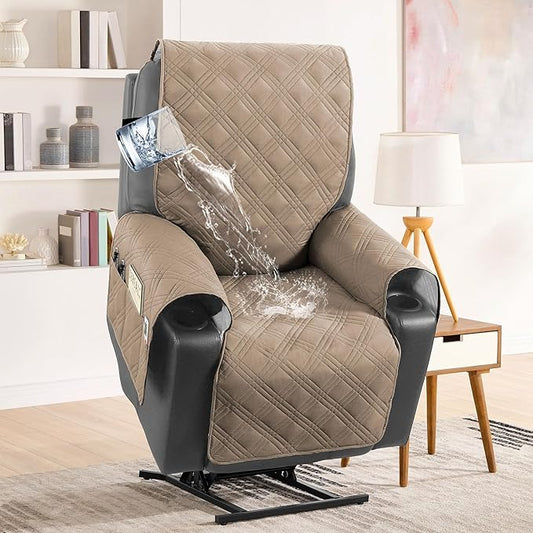 H.VERSAILTEX 100% Waterproof Recliner Cover Electric Power Lift Recliner Chair Covers with Elastic Band Recliner Cover Fitted Standard Large Power Lift Recliner with Storage Pockets,Taupe/Beige