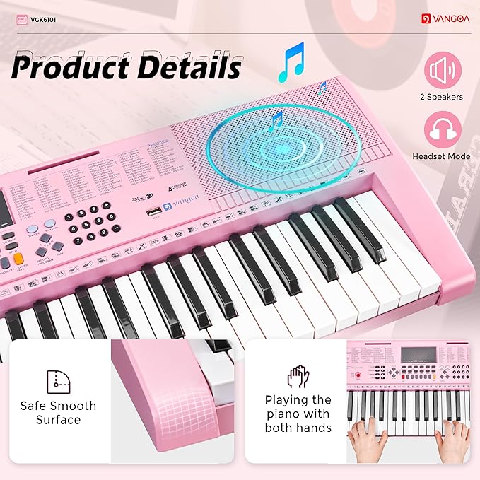 Vangoa Pink Piano Keyboard 61 Key, Electric Keyboard Kit Portable Music Keyboard for Kids Students with Microphone, 600 Tones, 400 Rhythms, 50 Demos, Gift for Beginners