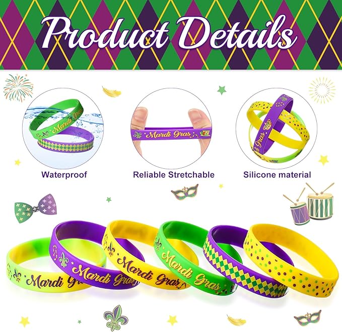 Kasyat 100 Pieces Mardi Gras Party Favors Mardi Gras Party Silicone Bracelets Mardi Gras Carnival Wristbands for Carnival Birthday Party Decorations Goodie Bag Stuffers Fillers Supplies