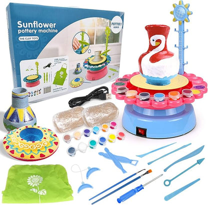 Pottery Wheel Art Craft Toys - Kids Art Kit Polymer Air Dry Clay Modelling Clay Kit for Kids DIY Pottery Studio Family School Beginner Education Sets (Blue-Pink)