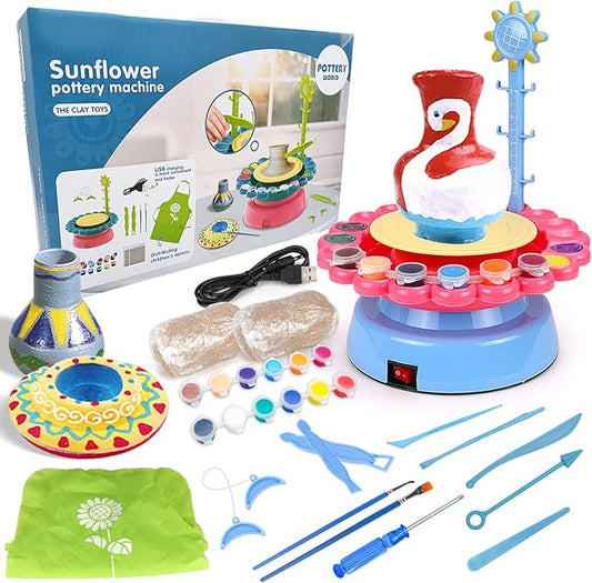 Pottery Wheel Art Craft Toys - Kids Art Kit Polymer Air Dry Clay Modelling Clay Kit for Kids DIY Pottery Studio Family School Beginner Education Sets (Blue-Pink)