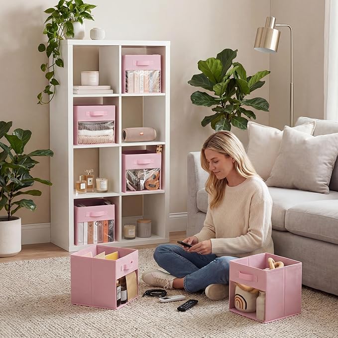 GRANNY SAYS Cube Storage Bins with Clear Window, 11 Inch Storage Cube Organizer, Collapsible Fabric Storage Cubes, Decorative Cube Storage Organizer for Shelves, Closet, Pink, 6-Pack