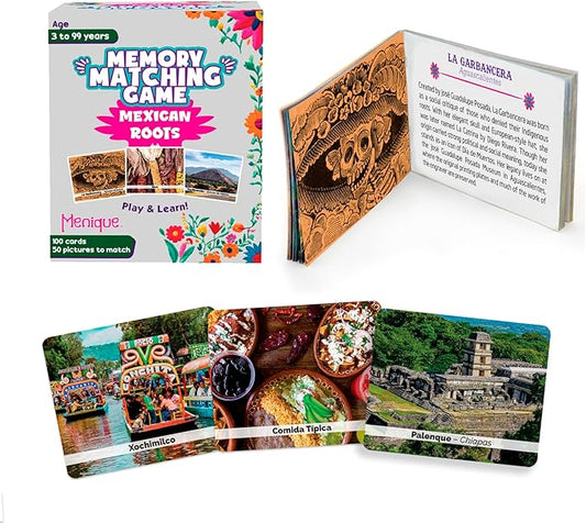 Menique – Mexican Roots Memory Game – Bilingual – 100 Cards (50 Pairs) with Real Photographs – Includes Booklets in English & Spanish – Cultural Matching Game for Kids & Adults