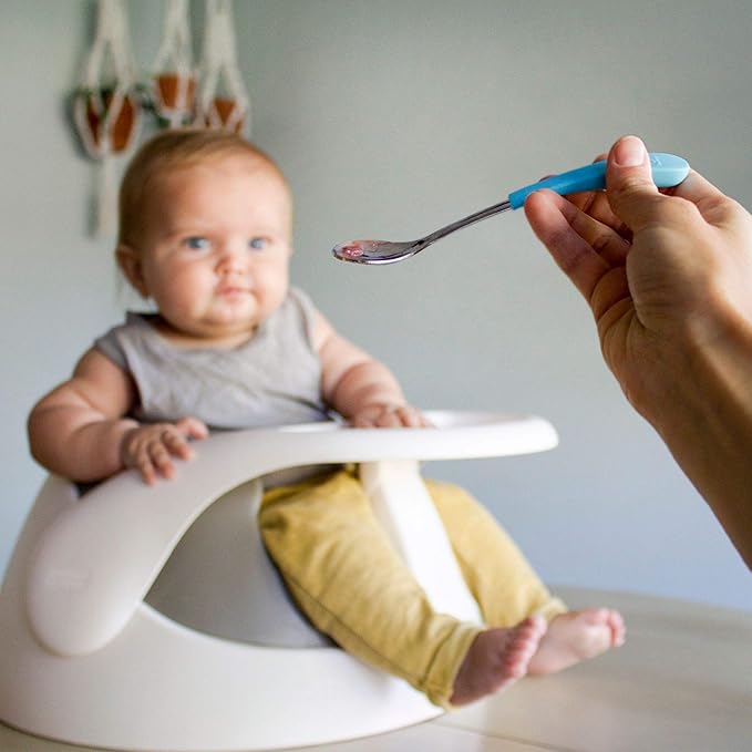 Avanchy Infant Baby Spoons Stainless Steel and Silicone Set, Self Feeding Food Utensils, 4 Months Baby Led Weaning, 2 Pack, Blue