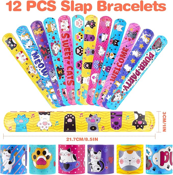 Cat Party Favors for Kids, Cat Themed Birthday Party Supplies with Cat Straw Claw Keychain Slap Bracelet Slap Bracelet Sticker for Girls