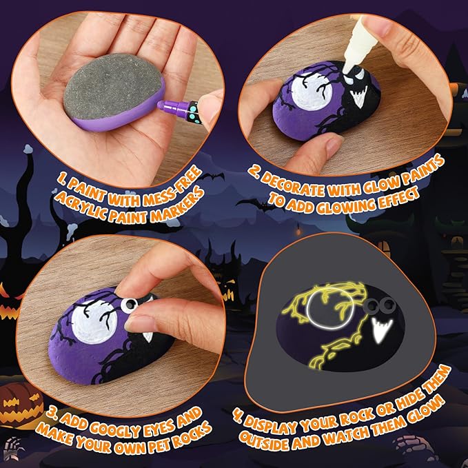 JULEASEL Rock Painting Kit, Glow in The Dark Rock Craft Paint Kits, Arts and Crafts for Kids Ages 6-12, Holiday DIY Crafts for Girls & Boys with Mess-Free Paint Pens Markers
