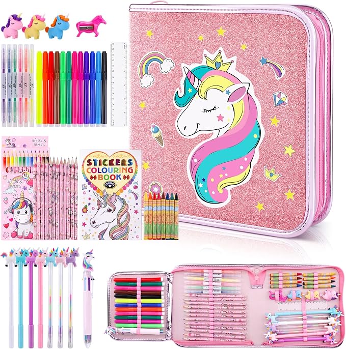 53PCS Fruit Scented Markers Set - Art Coloring Drawing Kits for Kids with Unicorn Pencil Case, Art Supplies for Kids Ages 4 6 8,Stationary Set Pencil,Crayon&Markers Stuff,Birthday Gifts Toys for Girls