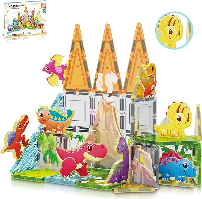 PicassoTiles Magnet Tiles Building Blocks Dinosaur Theme Set with 8 Magnetized Action Figures Magnetic Construction Build and Play Toys with Magnets STEM Learning Activities for Toddlers 3+ PTQ13