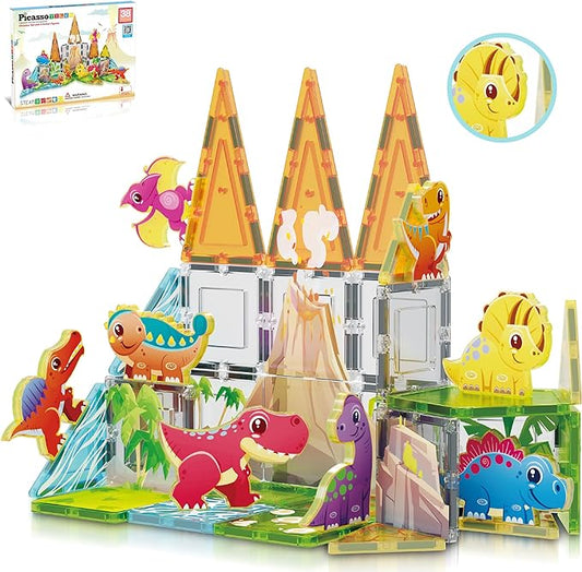 PicassoTiles Magnet Tiles Building Blocks Dinosaur Theme Set with 8 Magnetized Action Figures Magnetic Construction Build and Play Toys with Magnets STEM Learning Activities for Toddlers 3+ PTQ13
