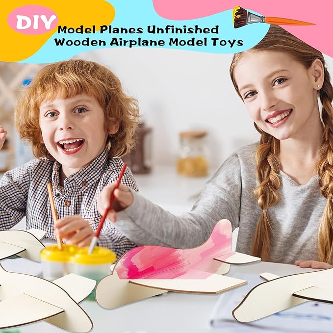 Feradny 24 Pack DIY Model Planes Unfinished Wooden Airplane Model Toys Wood Plane Paint kit Aircraft Plane Model for Kids School Art Activity Birthday Carnival Party, 4 Styles